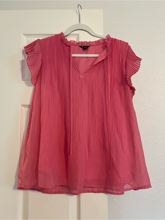 Versona Tops - Versona Pink Pleated Flutter-Sleeve Tie-Neck Blouse